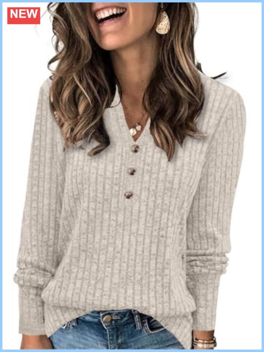 Womens Henley Neck Long Sleeve Pullover Sweater Loose Fit Fall Top